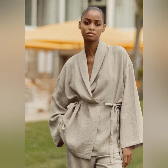 Zara Belted Textured Women's Long Sleeve Kimono Jacket In Beige/Tan Size M/L NWT - Picture 10 of 16